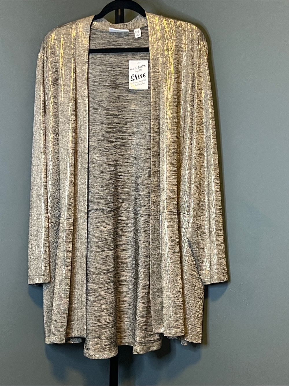 Susan Graver Metallic Open-Front Cardigan in Gray and Gold